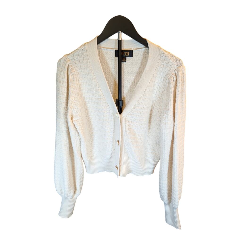 Truth by Republic Ivory Textured Cropped Cardigan Women's Medium Puff Sleeve